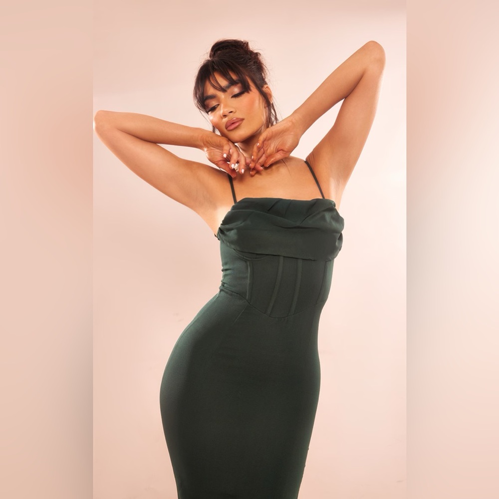 Emerald Green Corset Draped Strappy Dress - Picture 4 of 5